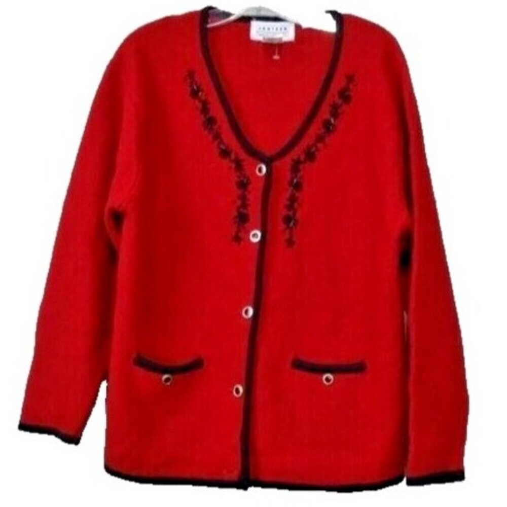 Vintage 90s JANSEN Cardigan Medium Red Wool Blend Beaded Holiday‎ Grandma
